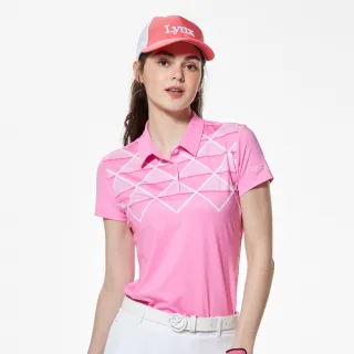 【Lynx Golf】女款吸濕排汗胸前菱格紋拼接短袖POLO衫/高爾夫球衫(桃粉色)