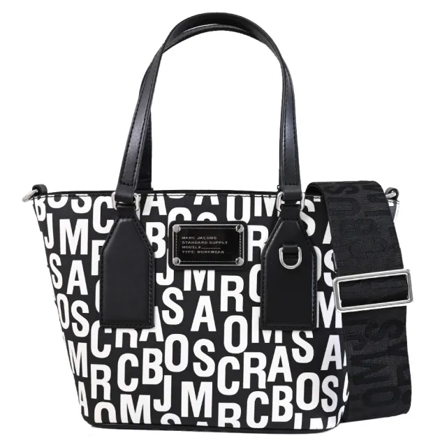【MARC JACOBS】金屬LOGO印花皮革拼接手提托特包兩用包(黑白)