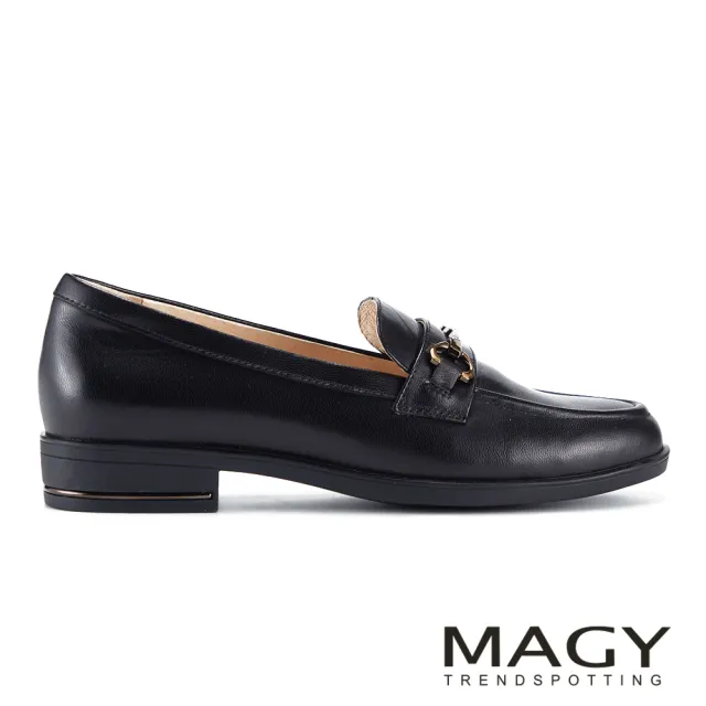 【MAGY】打蠟羊皮馬銜釦復古低跟樂福鞋 黑色