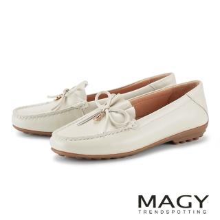 【MAGY】細緻羊皮蝴蝶結飾舒適樂福平底鞋 米色