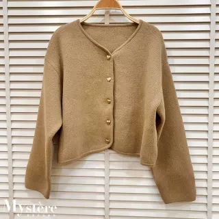 【my stere 我的時尚秘境】雙11 愛心金釦短版羊毛開襟上衣 奶茶色 羊毛衣 羊毛衫 羊毛開襟外套