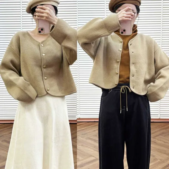 【my stere 我的時尚秘境】雙11 愛心金釦短版羊毛開襟上衣 奶茶色 羊毛衣 羊毛衫 羊毛開襟外套