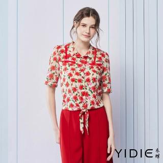 【YIDIE】印花下擺綁帶雪紡上衣-紅