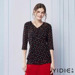 【YIDIE】圓點葉片印花絲襪布長版上衣-黑