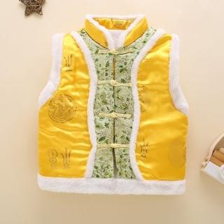 【橘魔法】中國風刺繡花紋毛領新年背心（略有製作痕跡）(兒童 新年 唐裝 過年 喜宴 大紅 男童 女童 童裝)