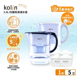 【Kolin 歌林】3.8L濾水壺(內含四重濾芯*1)+五重淨垢濾芯4入(共1壺5芯/適用Brita)