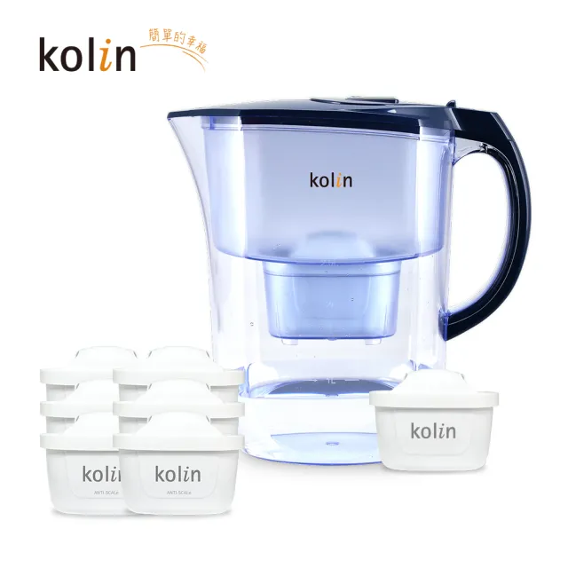 【Kolin 歌林】3.8L濾水壺(內含四重濾芯*1)+五重淨垢濾芯6入(共1壺7芯/適用Brita)