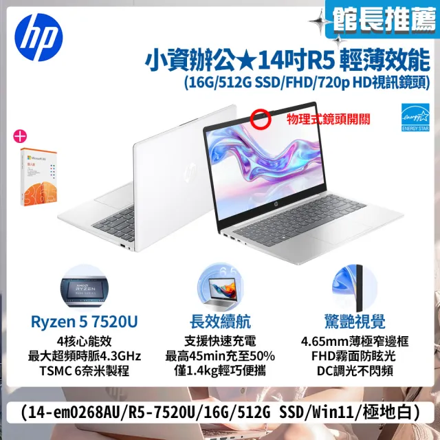 【HP 惠普】M365★14吋Ryzen 5 7520U輕薄效能筆電(14-em0268AU/R5-7520U/16G/512G/W11/極地白)