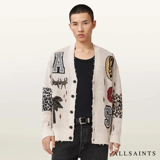 【ALLSAINTS】FOXX 破壞塗鴉羊毛針織外套 M052KE(寬鬆版型)