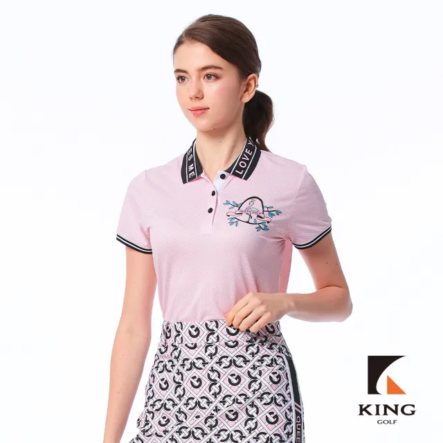 【KING GOLF】速達-網路限定款-女款領袖口撞色拼接火鶴印圖透氣涼感開襟短袖POLO衫/高爾夫球衫-粉色