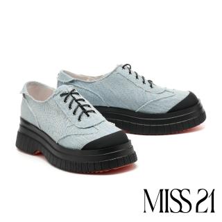 【MISS 21】復古小帥氣丹寧帆布拼接綁帶厚底鞋(藍)