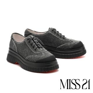 【MISS 21】復古小帥氣丹寧帆布拼接綁帶厚底鞋(黑)