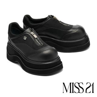 【MISS 21】叛逆街頭黑系異材質拉鍊LOGO大頭厚底鞋(黑)