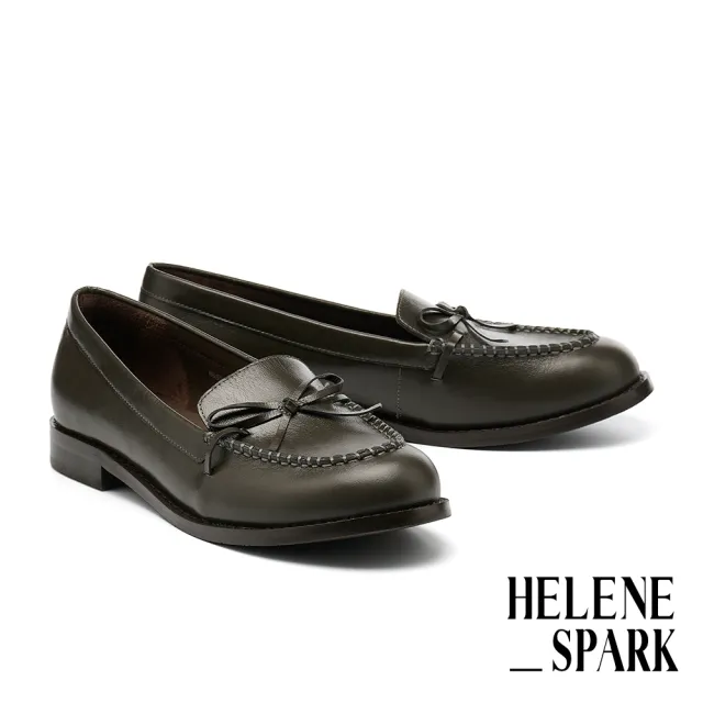 【HELENE_SPARK】復古學院風蝴蝶結全真皮樂福低跟鞋(綠)