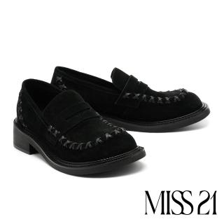 【MISS 21】甜酷小叛逆縫紉感叉叉全真皮大頭樂福厚底鞋(黑)