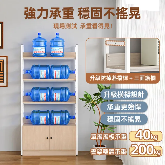 【慢慢家居】專人組裝-設計款-3尺超耐重五層帶櫃置物架-層高可調 W90xD30xH182cm(書架 書櫃 收納架 層架)