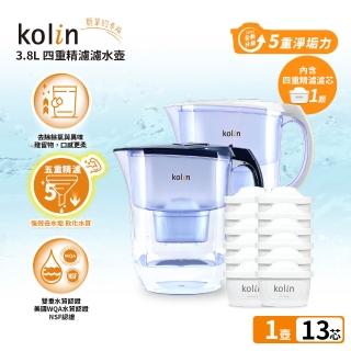 【Kolin 歌林】3.8L濾水壺(內含四重濾芯*1)+五重淨垢濾芯12入(共1壺13芯/適用Brita)