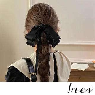 【INES】韓國設計法式復古玫瑰花園蝴蝶結長飄帶造型彈簧夾 髮夾 馬尾夾(玫瑰髮夾 蝴蝶結髮夾)