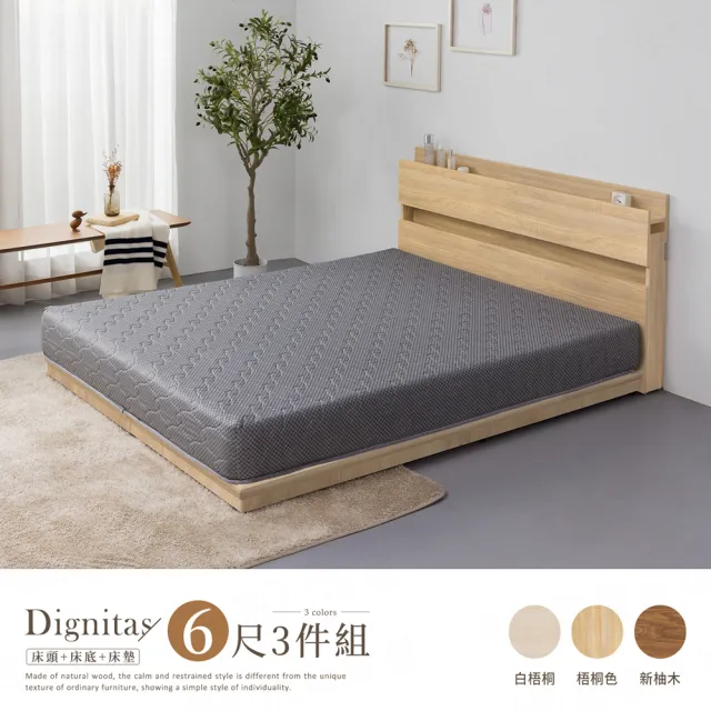 【H&D 東稻家居】DIGNITAS狄尼塔斯6尺插座雙人加大房間3件組 MIT 台灣製(床頭+床底+床墊 附燈 多色選)