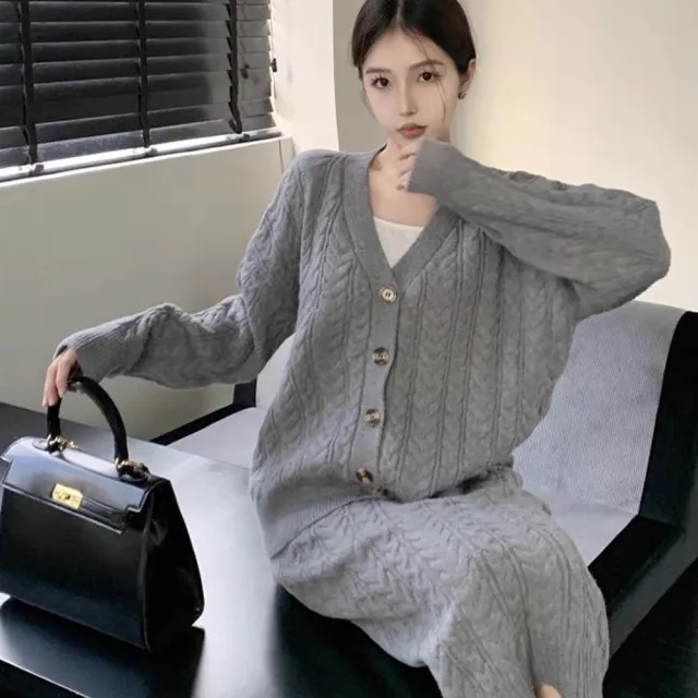 【AS 梨卡】女裝 外套 半身裙 套裝 連身裙 連身短裙 長裙 長袖 保暖半身裙 秋冬毛衣DR7299(套裝 連身裙)
