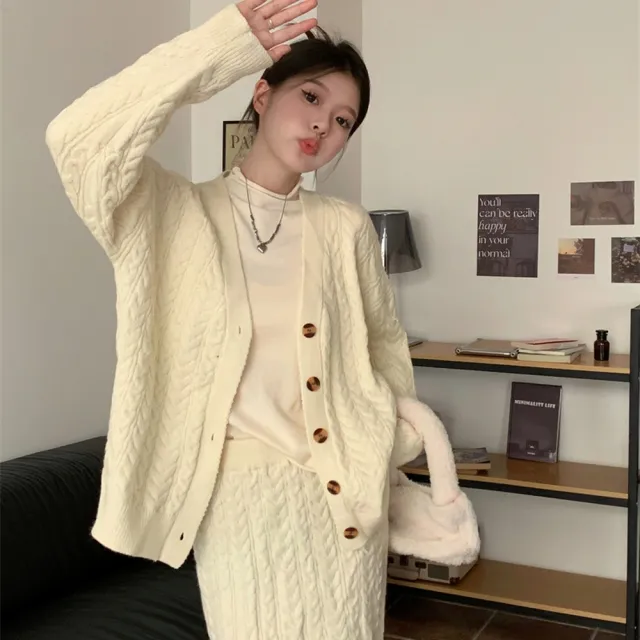 【AS 梨卡】女裝 外套 半身裙 套裝 連身裙 連身短裙 長裙 長袖 保暖半身裙 秋冬毛衣DR7299(套裝 連身裙)
