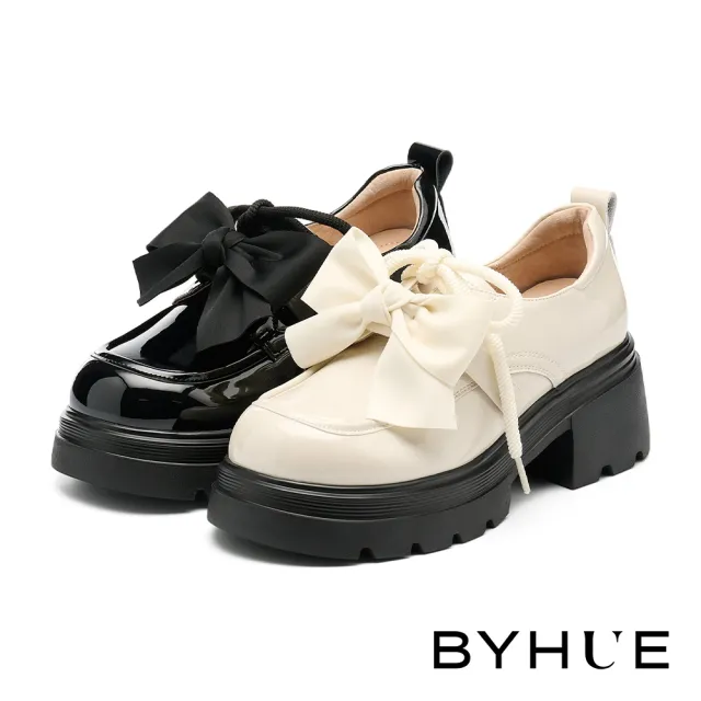 【BYHUE】奶油純欲風多穿活動條帶牛漆皮綁帶軟芯厚底鞋(米白)