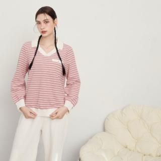 【MASTINA】POLO V領圈圈紗條紋長袖T 黑 粉(魅力商品)