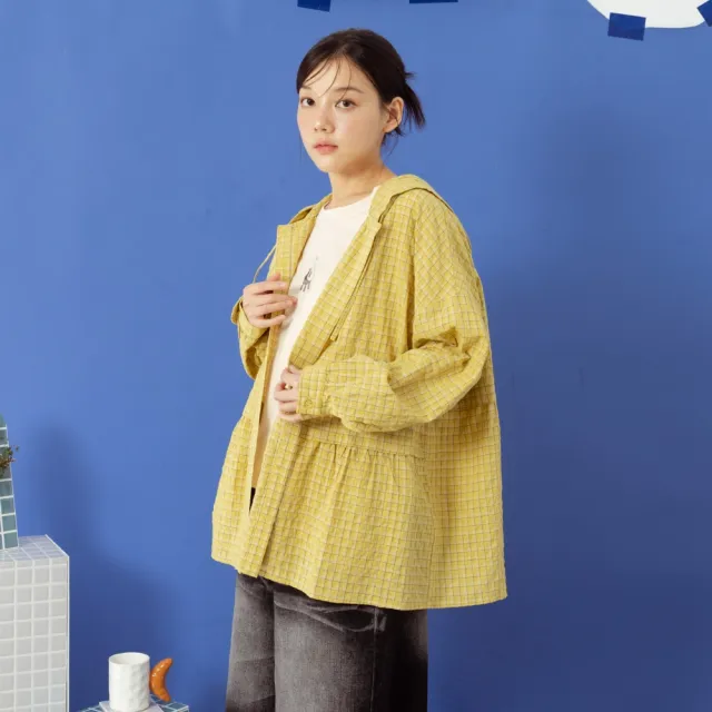 【MOSS CLUB】格子連帽開襟長袖襯衫 綠 黃