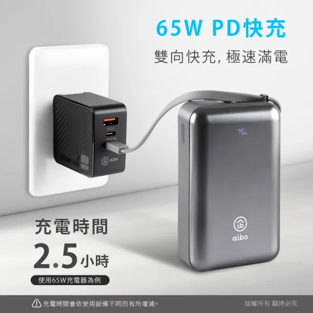 【aibo】20000mAh 65W自帶線大容量雙向快充行動電源(筆電充電)