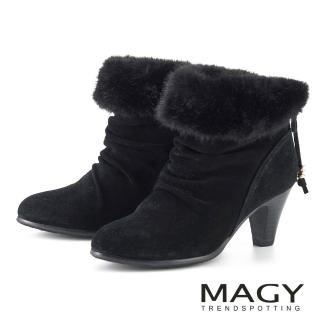 【MAGY】毛絨低奢時尚高跟短靴(黑色)