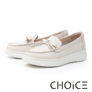 【CHOiCE】真皮LOGO飾釦蝴蝶結厚底休閒鞋(米色)
