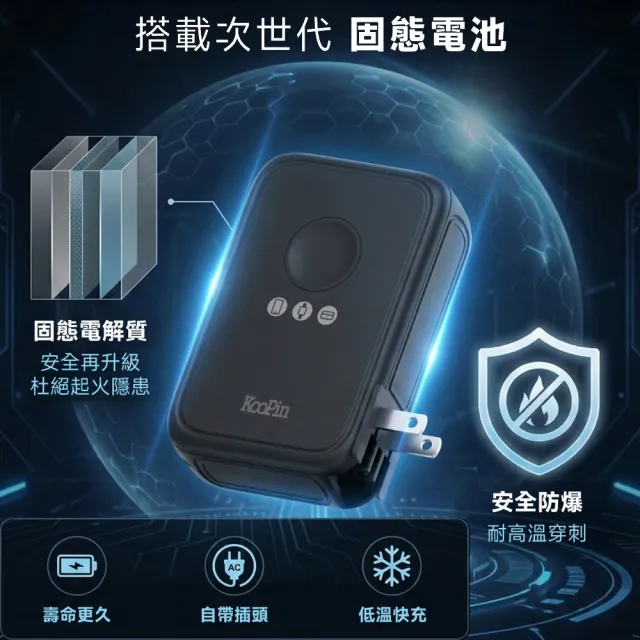 【KooPin】台灣製造 X3防爆固態電池 20W八合一快充行動電源10000mAh(3C認證/快充/磁吸)