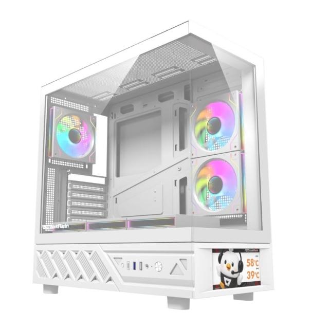 【darkFlash 大飛】DS950V 螢幕顯示 ATX 全景玻璃機殼 (內附六顆ARGB風扇)_白色