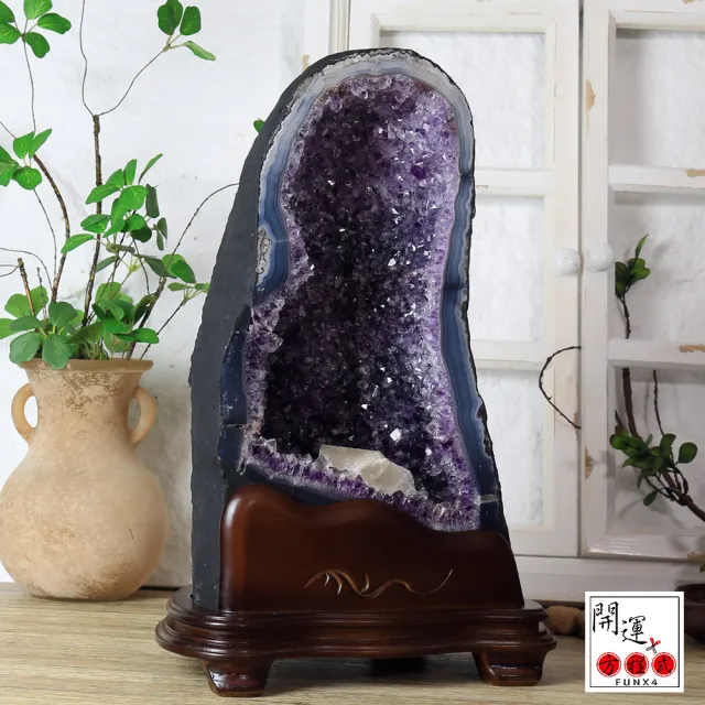 【開運方程式】巴西紫晶洞方解石共生波紋瑪瑙邊15.1kg(JU452紫水晶洞風水開運擺設)