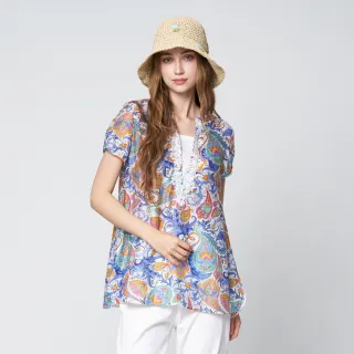 【KERAIA 克萊亞】蔚藍佩斯利印花假兩件式天絲上衣
