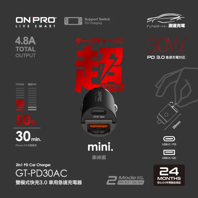 【ONPRO】GT-PD30AC 30W 隱藏式雙模式車用PD快充充電器
