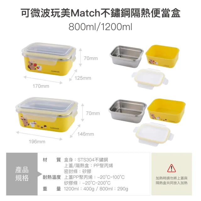 【LocknLock 樂扣樂扣】官方直營 呆萌町系列 可微波玩美Match不鏽鋼隔熱便當盒 800ml(可微波/304不鏽鋼)