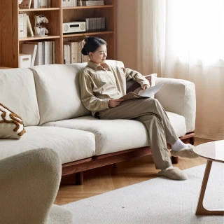 【hoi! 好好生活】預購60天★WH綠野橡膠木實木仿棉麻大三人沙發2.64M 胡桃色+梨白 J100K01