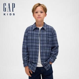 【GAP】男童裝 翻領長袖襯衫-藍色格紋(843514)