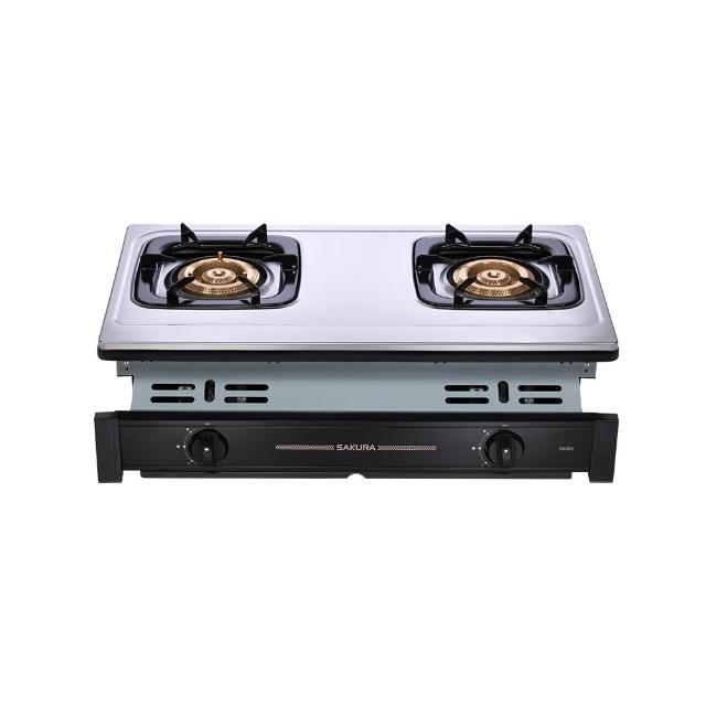 SAKURA櫻花牌 G-6201 雙口瓦斯爐，採用臺灣製造不鏽鋼爐臺與鋁銅合金爐頭，傳統外擴火焰設計提供均勻加熱。壓電式自動點火，能源效率第一級，瓦斯消耗量9~10kW，適用天然氣或桶裝瓦斯。機體尺寸(含爐架)710 x 450 x 225 mm，挖孔尺寸670 x 325 mm，標準安裝保固1年，BSMI許可R51085。