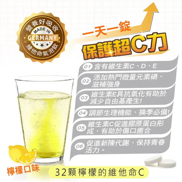 【Heilusan 好立善】C1000+硒+維生素E發泡錠  單入組(檸檬口味 保護力.B2.促進膠原蛋白形成.抗氧化)