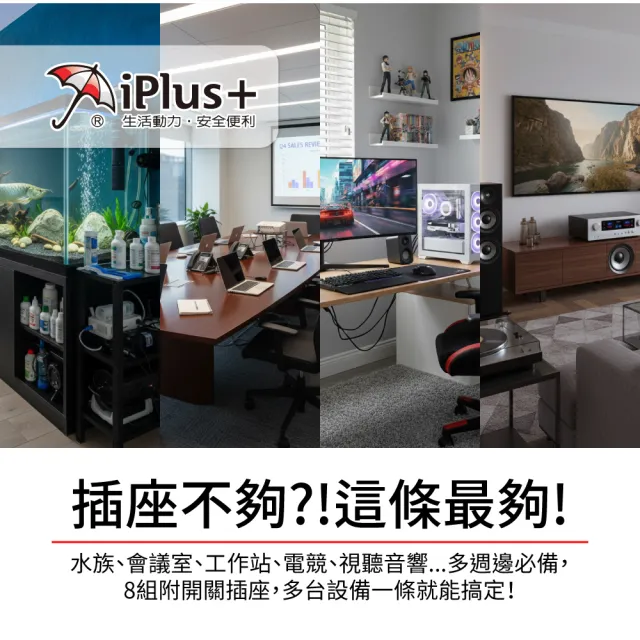 【iPlus+ 保護傘】9開8插3P防塵抗雷擊旋轉插頭延長線2.7M(PU-3987S 斜面開關.台灣製.防火)