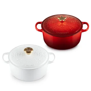 【Le Creuset】歡樂耶誕琺瑯鑄鐵圓鍋24cm(櫻桃紅/棉花白 2色選1)