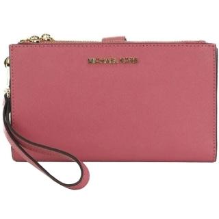 【Michael Kors】玫瑰粉十字紋防刮皮革雙層手掛式手拿手機套中夾