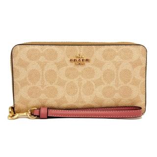 【COACH】C LOGO手掛式拉鍊零錢袋長夾(米白/粉)