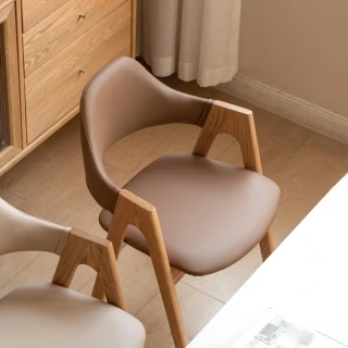 【hoi! 好好生活】YW富士山橡木實木仿皮扶手椅2入組 原木色+奶茶棕 Y83S08