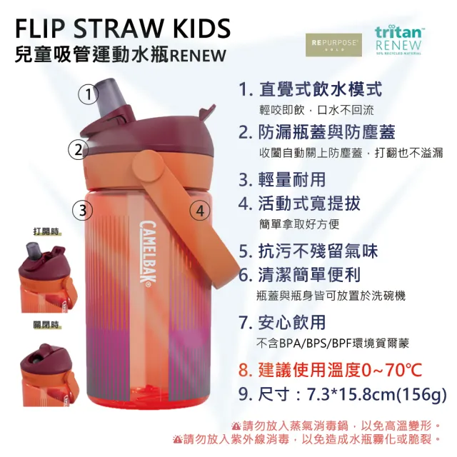 【CAMELBAK】400ml Flip Straw 兒童吸管運動水瓶RENEW(台灣代理公司貨/收闔自動關上防塵蓋)