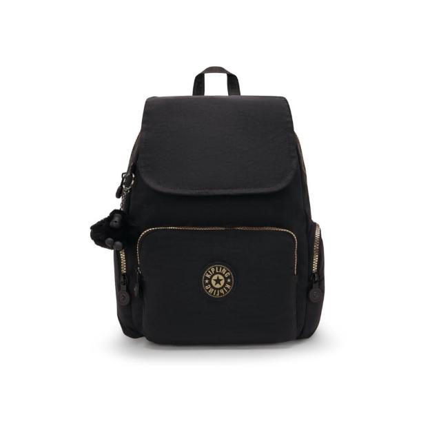 【KIPLING】『猴子包』黑底撞色拉鍊掀蓋拉鍊後背包-CITY ZIP S