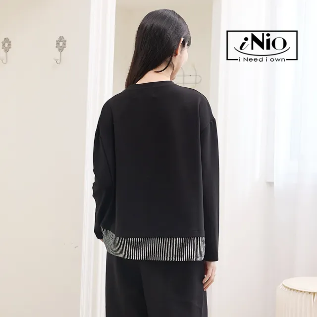 【iNio 衣著美學】撞色細紋拼接寬鬆長袖上衣 異材質設計線條 圓領落肩棉T CEW1875