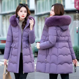 【Amay Style 艾美時尚】中大尺碼女裝 連帽外套 顯瘦時尚大毛領中長版仿羽絨保暖鋪棉外套。M-3XL(5色.預購)